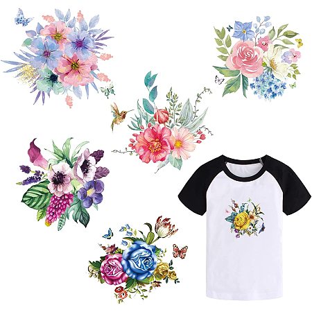 SUPERDANT 6pcs/Set PET Watercolor Flowers Iron-on Heat Transfer Stickers Iron On Patches Washable Heat Transfer Stickers Clothes Patch for DIY Clothes