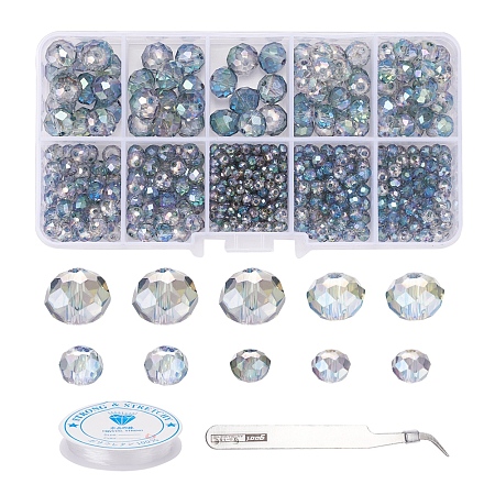 Arricraft DIY Jewelry Making Kit, Including 710Pcs 5 Style Electroplate Transparent Glass Beads Strands, Tweezers, Elastic Crystal Thread, Mixed Color, 3~10x2~8mm, Hole: 0.4~1mm, 5Pcs/style
