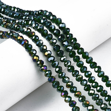 Honeyhandy Electroplate Glass Beads Strands, AB Color Plated, Faceted, Rondelle, Dark Green, 6x5mm, Hole: 1mm, about 85~88pcs/strand, 16.1~16.5 inch(41~42cm)