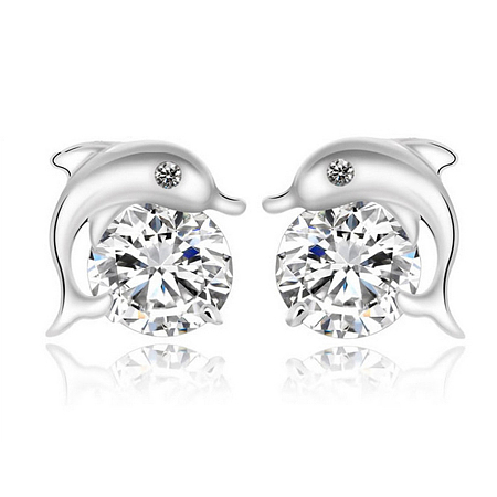 Honeyhandy Real Platinum Plated Dolphin Brass Stud Earrings, with Rhinestone, Crystal, 10x10mm