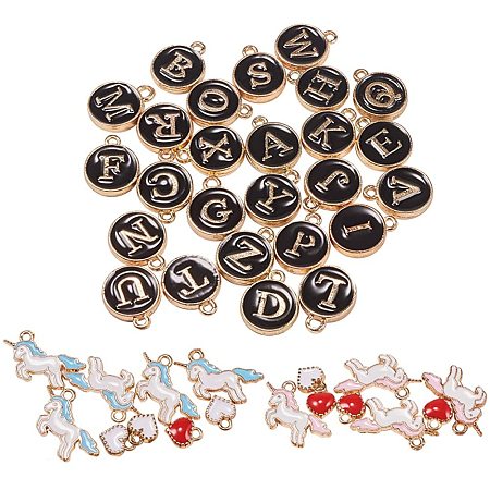 PandaHall Letter Alloy Enamel Pendants Unicorn & Flat Round with Alphabet & Heart for Necklace/Bracelet/Band Decorative