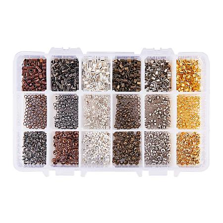 PandaHall Elite About 380pcs 6 Color 3 Styles 3mm Iron Brass Crimp Beads Clamp End Crimp Cover Tube Beads for Jewelry Bracelet Making