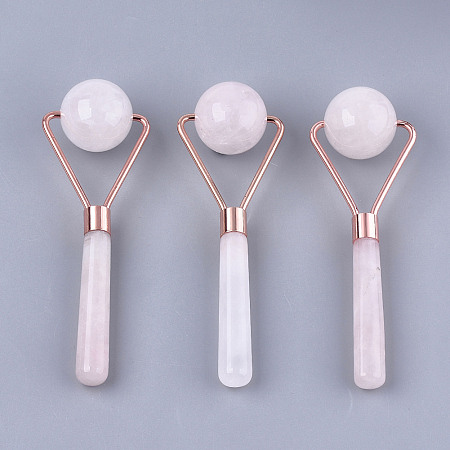 Arricraft Natural Rose Quartz Massage Tools, Facial Rollers, with Brass Findings, Rose Gold, 135x45x30mm