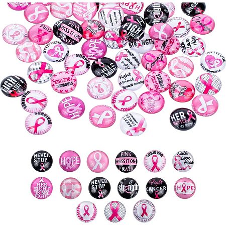 PandaHall Elite 120pcs 30 Style Pink Awareness Ribbon Glass Cabochons 12mm Silk Ribbon Printed Picture Mosaic Tile for Breast Cancer Charity Event Survivor Necklace Jewelry Making
