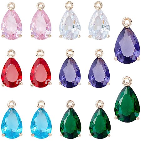 PandaHall Elite 24pcs Teardrop Pendant 6 Colors Faceted Glass Charms 15x8mm Glass Beads Charms with Golden Brass Findings and Top Loop for DIY Earring Necklace Bracelet Dangles