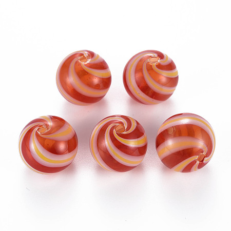 Honeyhandy Transparent Handmade Blown Glass Globe Beads, Stripe Pattern, Round, Crimson, 19.5~20.5mm, Hole: 1.5~2mm