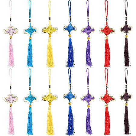 NBEADS 14 Pcs 7 Colors Chinese Knots Tassel Pendants, Polyester Pendants Charms Car Ornament with Plastic Beads for Bag Craft Key Chain Straps Decor DIY Accessories