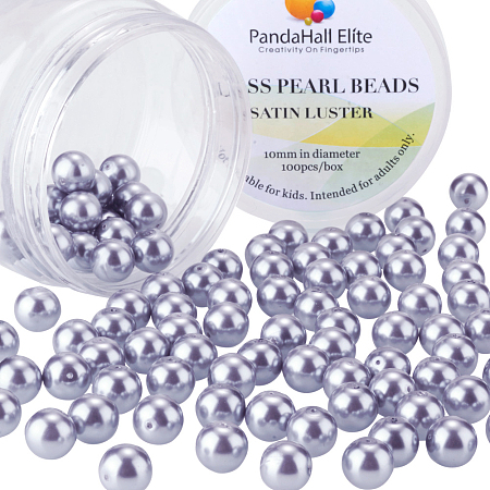 PandaHall Elite 10mm About 100Pcs Tiny Satin Luster Glass Pearl Round Beads Assortment Lot for Jewelry Making Round Box Kit Light Purple