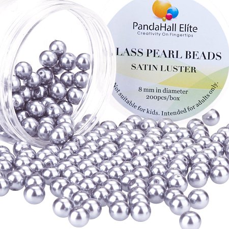 PandaHall Elite 8mm About 200Pcs Tiny Satin Luster Glass Pearl Round Beads Assortment Lot for Jewelry Making Round Box Kit Light Purple