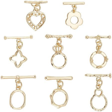 BENECREAT 16 Sets 8 Styles 16K Gold Plated Brass Toggle Clasps Toggle Clasps Connectors for Necklace Bracelet Jewelry Making