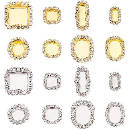 BENECREAT 32PCS Golden & Sliver Brass Cabochon Settings with Rhinestone Trim, 8 Styles Cabochon Tray Rectangle Square Oval Bezel Pendant Base Cabochon Setting for Necklace Earring Jewelry Making