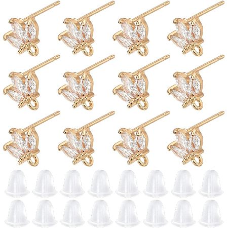 DICOSMETIC 12Pcs Brass Cubic Zirconia Earring Studs Flower with 1mm Earring Findings 18K Gold Plated Diamond Stud Earrings and 30Pcs Plastic Ear Nuts for Jewelry Making, Hole: 1mm