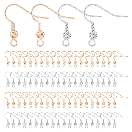 DICOSMETIC 140Pcs 2 Colors Brass French Hooks with Coil and Ball, with Horizontal Loop, Real Gold Plated & Real Platinum Plated, 21x21x4mm, Hole: 2mm, Pin: 0.8mm, 70Pcs/color