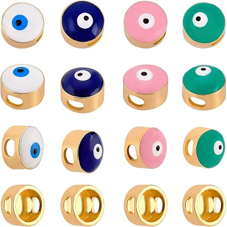 SUPERFINDINGS 16Pcs 4 Colors Evil Eye Spacer Beads Real 18K Gold Plated Evil Eye Beads Bulk Flat Round Evil Eye Beads Charms 8.5x6mm for DIY Bracelet Necklace Crafts Jewelry, Hole: 2x3.5mm