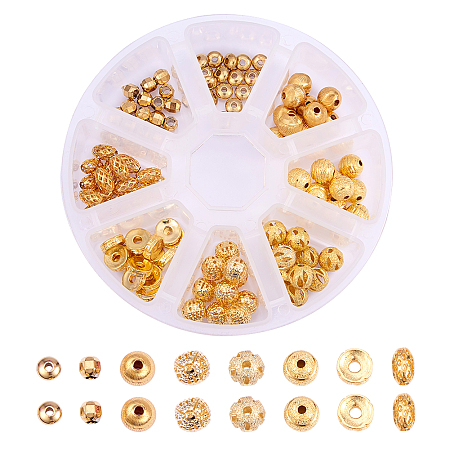 PandaHall Elite About 100 Pcs Brass Round Loose Spacer Beads 8 Styles for Jewelry Making Golden