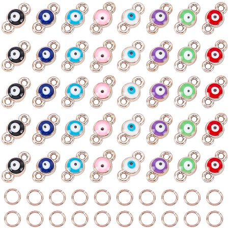 NBEADS 160 Pcs Evil Eye Enamel Links Connectors, 8 Colors Evil Eye Charms with Brass Jump Rings Flat Round Double Hole Links for DIY Jewelry Crafts Making