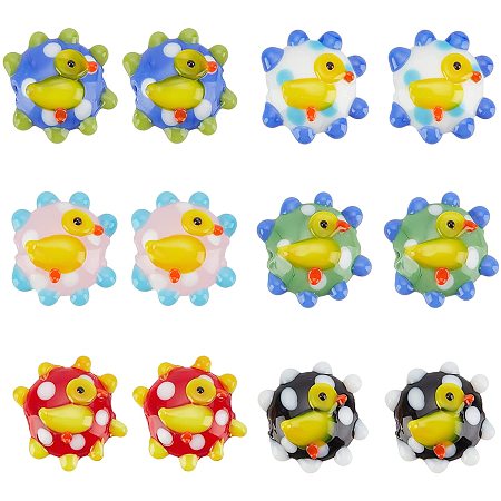 OLYCRAFT 12Pcs Handmade Lampwork Beads 20mm Flower with Duck Beads 6 Colors Glass Spacer Loose Beads Colorful Beads Craft Beads for DIY Jewelry Making Hole: 2mm