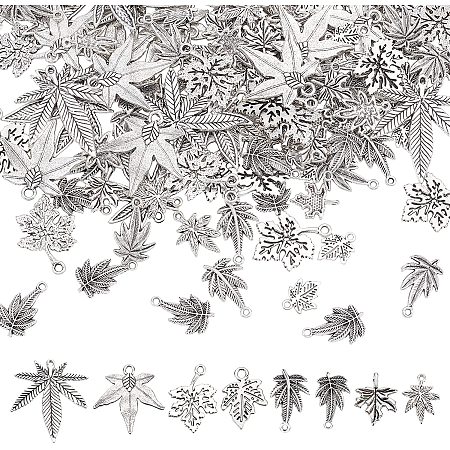 CHGCRAFT 150Pcs 8 Style Tree Leaves Charms Pendants Tibetan Alloy Pendants Maple Leaves Charms for DIY Jewelry Making Antique Silver