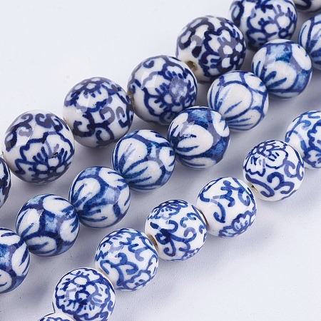 Honeyhandy Handmade Blue and White Porcelain Beads, Round with Flower, Medium Blue, 11~14.5x10~11mm, Hole: 2~3mm