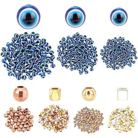 Pandahall Elite 300pcs 3 Size Blue Evil Eye Beads 6mm 8mm 10mm Resin Evil Eye Beads Charms with 4 Style 360pcs Spacer Beads for Halloween Bracelets Necklace Jewelry Making