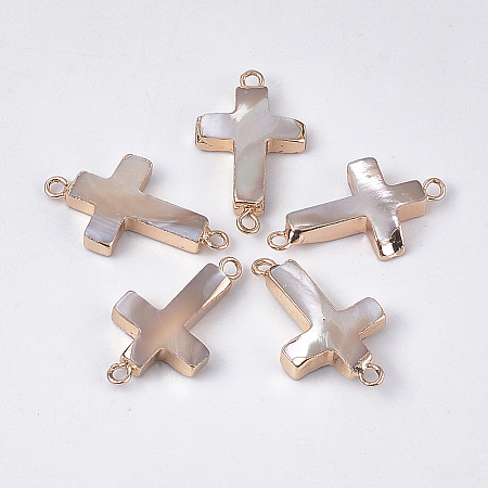 Honeyhandy Electroplate Trochus Shell Links connectors, with Iron Findings, Cross, Golden, Tan, 25x14x4mm, Hole: 2mm