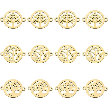 AHANDMAKER 12 Pcs Tree of Life Charm Connectors, 3 Styles Golden Flat Round Stainless Steel Links Connectors for DIY Jewelry Necklace Bracelet Keychain Making Crafting Findings, Hole: 1.5mm