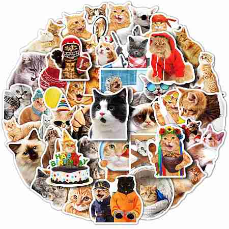 Waterproof PVC Adhesive Stickers, for Suitcase, Skateboard, Refrigerator, Helmet, Mobile Phone Shell, Cat Pattern, 50~70x50~70mm