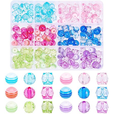 PandaHall Elite 180pcs Round Cube Ball Beads, 18 Style Transparent Acrylic Stripe Resin Beads Assorted Color Faceted Loose Beads for Jewelry Making DIY Bracelets, 8mm, 10 mm