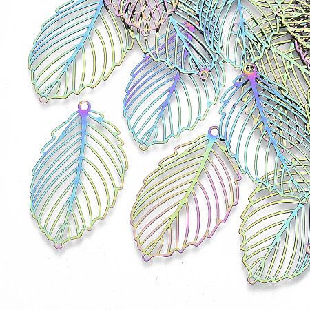 Nbeads 201 Stainless Steel Filigree Pendants, Etched Metal Embellishments, Monstera Leaf, Multi-color, 37x21x0.3mm, Hole: 1.6mm