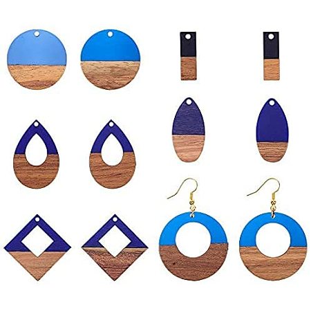 OLYCRAFT DIY Dangle Earring Making Kits, include Resin & Walnut Wood Pendants, Brass Earring Hooks, Brass Jump Rings, Mixed Shapes, Blue, Pendants: 12pcs/box
