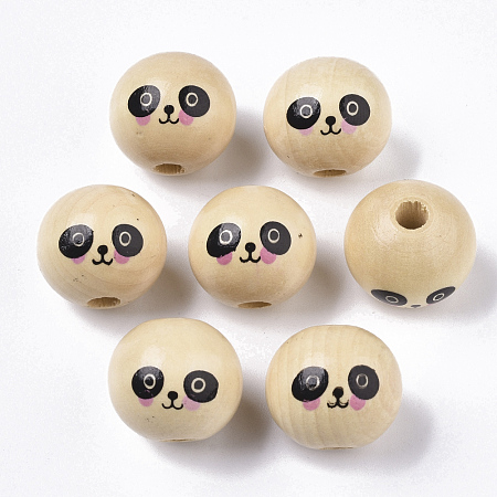 Natural Wood European Beads, Waxed and Printed, Undyed, Large Hole Beads, Round with Panda Pattern, Navajo White, 19~20mm, Hole: 5mm; about 100pcs/bag