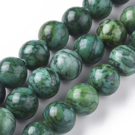 Arricraft Natural China Silver Leaf Jasper Beads Strands, Dyed & Heated, Round, Green, 10mm, Hole: 1.2mm, about 37pcs/strand, 15.35 inches(39cm)