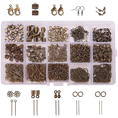 PandaHall Elite Antique Bronze Jewelry Finding Kits with Fold Over Ends Knot Covers Ball Chain Extensions End Pieces Earring Hooks Head Pins Lots in In A Box, about 870pcs/box