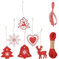 Arricraft Christmas Theme Wooden Pendants Decorations, Wood Crafts Home Decorations Supplies and Hemp Cord Twine String, Red