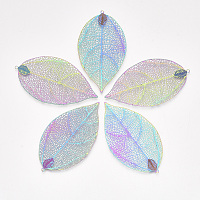 Nbeads  201 Stainless Steel Filigree Big Pendants, Etched Metal Embellishments, Leaf, Multi-color, 60x33x0.2mm, Hole: 1.6mm