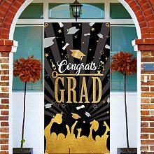 FINGERINSPIRE 71x35 inch Graduation Banners with Hanging Rope Black & Gold Congrats Grad Words Party Supplies Rectangle Polyester Hanging Sign with Bachelor Cap Pattern for Outdoor & Indoor Decor