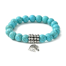 Honeyhandy Dyed Synthetic Howlite Elephant Stretch Bracelets, with CCB Plastic Beads and Tibetan Style Alloy Pendants, Antique Silver Metal Color, Light Sea Green, 55mm