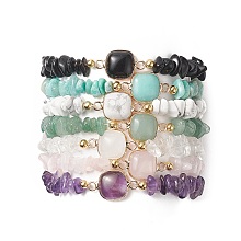 Honeyhandy 7Pcs 7 Style Natural & Synthetic Mixed Gemstone Square & Chips Beaded Stretch Bracelets Set for Women, Inner Diameter: 2-1/2 inch(6.4cm), 1Pc/style