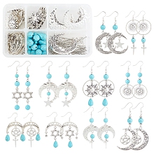 SUNNYCLUE DIY Moon & Star Drop Earring Making Kit, including Alloy Pendants & Links & Spacer Beads, Synthetic Turquoise Beads, Brass Linking Rings & Jump Rings & Pins & Earring Hooks, Antique Silver, 168pcs/box