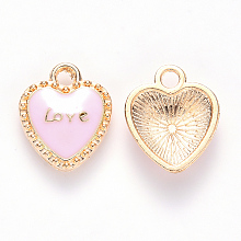 Honeyhandy Alloy Enamel Pendants, Heart, with Word LOVE, for Valentine's Day, Light Gold, Pink, 16x13x3mm, Hole: 2mm