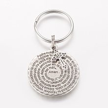 Honeyhandy Tibetan Style Alloy Keychain, with 316 Surgical Stainless Steel Key Clasp Findings, Flat Round and Cross, Antique Silver, 64mm