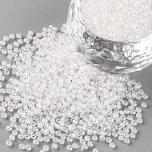 Honeyhandy 11/0 Grade A Round Glass Seed Beads, Transparent Inside Colours, Luster Plated, White, 2.3x1.5mm, Hole: 1mm, about 48500pcs/pound