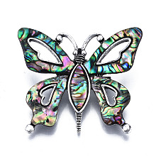 Honeyhandy Abalone Shell/Paua Shell Brooches/Pendants, with Alloy Findings and Resin Bottom, Butterfly, Antique Silver, Colorful, 41.5x50mm, Pin: 0.6mm