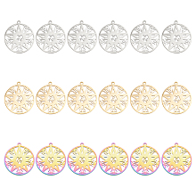 DICOSMETIC 18Pcs 3 Colors 304 Stainless Steel Pendant,  Hollow Charms, Flat Round with Star, Mixed Color, 27x25x1.5mm, Hole: 1.5mm, 6pcs/color