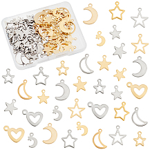 PandaHall Elite 108pcs Moon Star Heart Charms, 18 Styles Ramadan Star Crescent Moon Charms Stainless Steel Romantic Charms for Eid Mubarak Necklace Bracelet Earrings Creation Christmas Valentine's Day