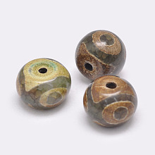 Honeyhandy Tibetan Style 3-Eye dZi Beads, Natural Agate Beads, Dyed & Heated, Rondelle, Olive Drab, 14~15x10~12mm, Hole: 2.5~3mm