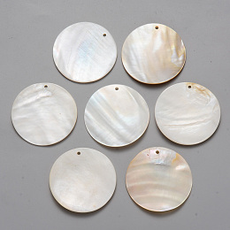 Honeyhandy Natural Freshwater Shell Pendants, Flat Round, Seashell Color, 39x3mm, Hole: 1.6mm