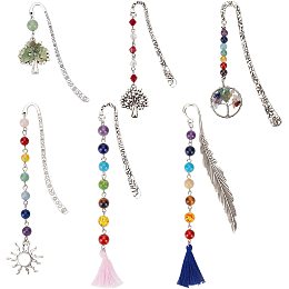 CHGCRAFT 6Pcs 6 Styles Metal Bookmark with Gemstone Glass Beads Pendant Metal Tree Feather Sun Beads Pendant Bookmarks Reading Accessories for Friend Teachers Student Bookworm Gift