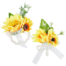 CRASPIRE Sunflower Wrist Corsage Set Wedding Flowers Accessories Artificial Flower Wrist Boutonniere Buttonholes Flower Wrist Corsage Groom and Brides Wedding Flowers Accessories