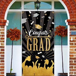 FINGERINSPIRE 71x35 inch Graduation Banners with Hanging Rope Black & Gold Congrats Grad Words Party Supplies Rectangle Polyester Hanging Sign with Bachelor Cap Pattern for Outdoor & Indoor Decor